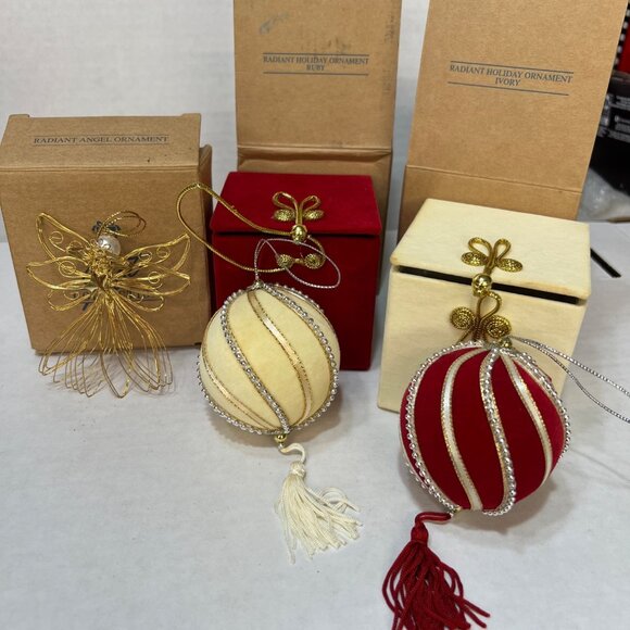 Radiant Holiday Ornament Set - Angel Ruby & Ivory Baubles With Tassels Velvet & - Picture 1 of 5